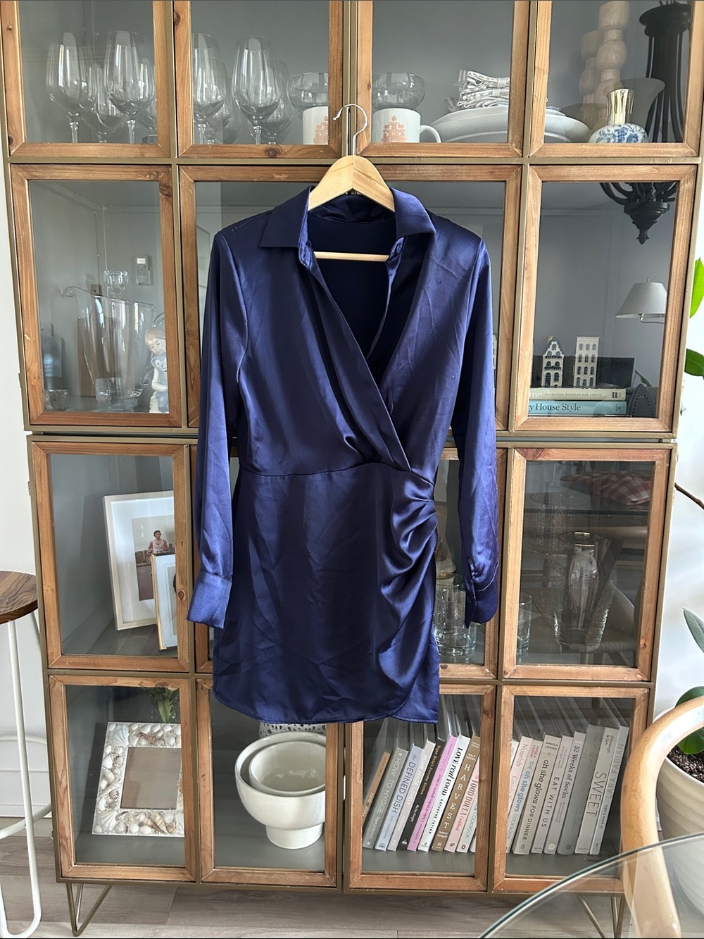 Navy Satin Women Wrap Long sleeve Dress